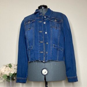 Size Large Women’s Dark Blue Jean Denim Nine West Jacket w Frayed Fringe Cut Hem